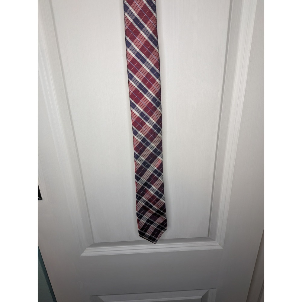 Tommy Hilfiger Mens Burgundy Navy White Plaid 100% Silk Necktie Classic Tie